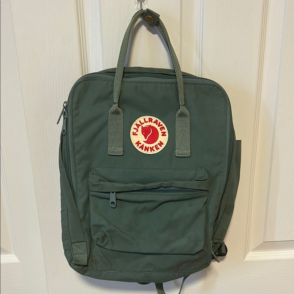 Fjallraven Kanken Forest Green Backpack with Red Logo